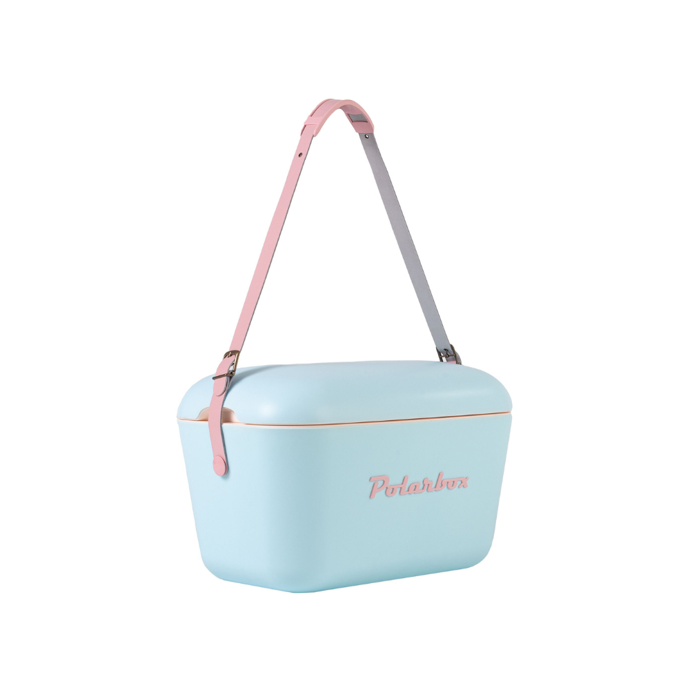 صندوق تبريد بولار بوكس ​​أزرق سماوي مع حزام بوب وردي صغير - ١٢ لترًا